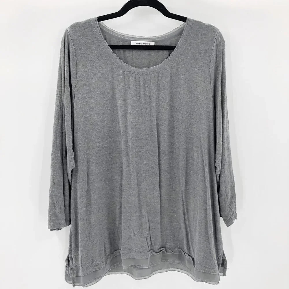 Rose and Olive Women's Grey Mesh Hem Quarter Sleeve Blouse Top Size L